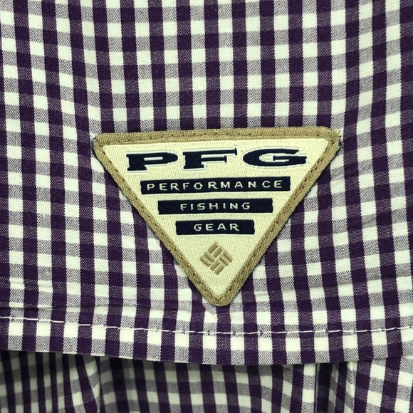 Columbia PFG Button Down Polo Shirt Short Sleeve Gigham Plaid Purple White Large - Picture 10 of 11